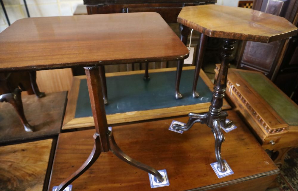 A Victorian octagonal rosewood tripod table, width 45cm, depth 74cm together with one other rectangular tripod table